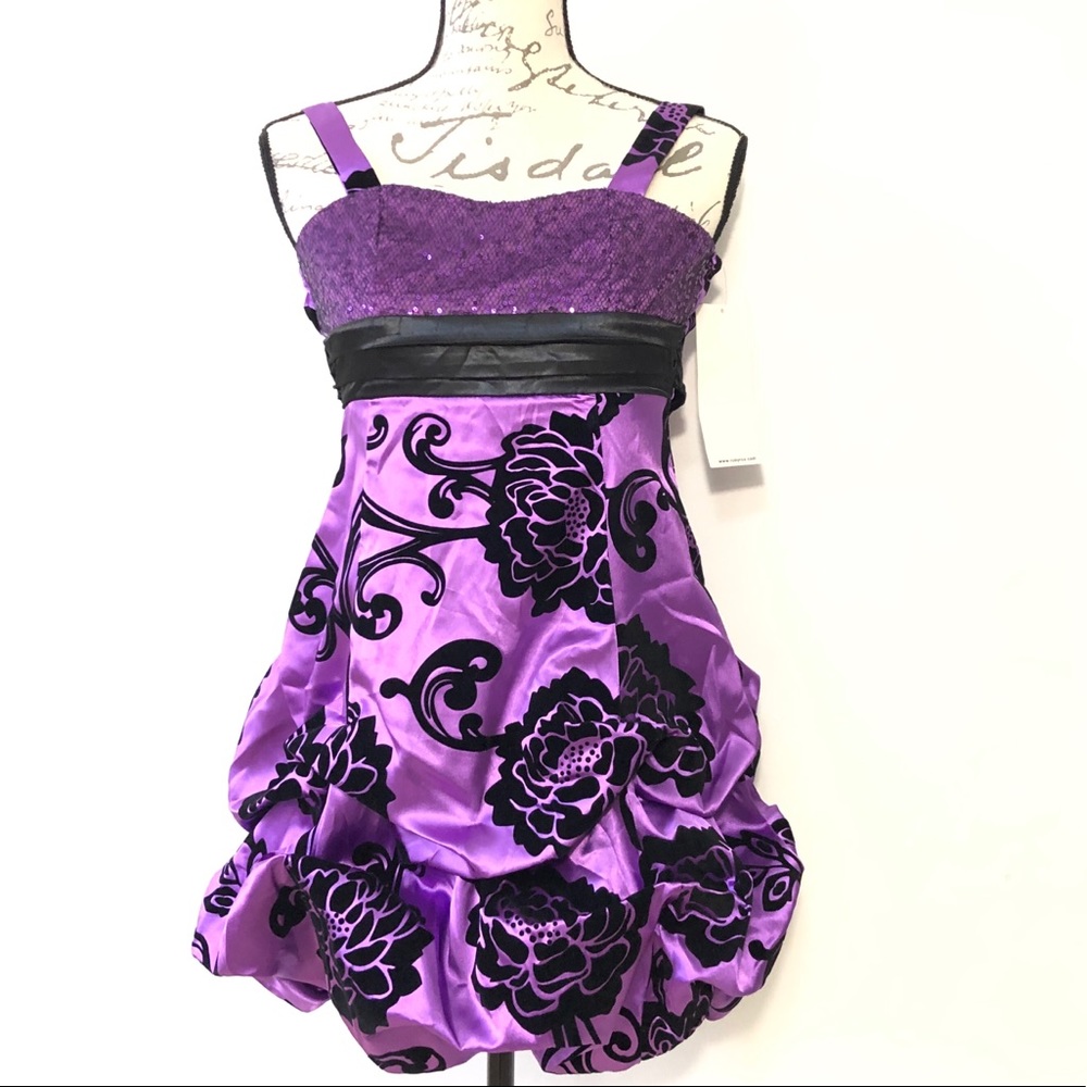 Girl’s Purple Balloon Bubble Hem Sequins Dress 12